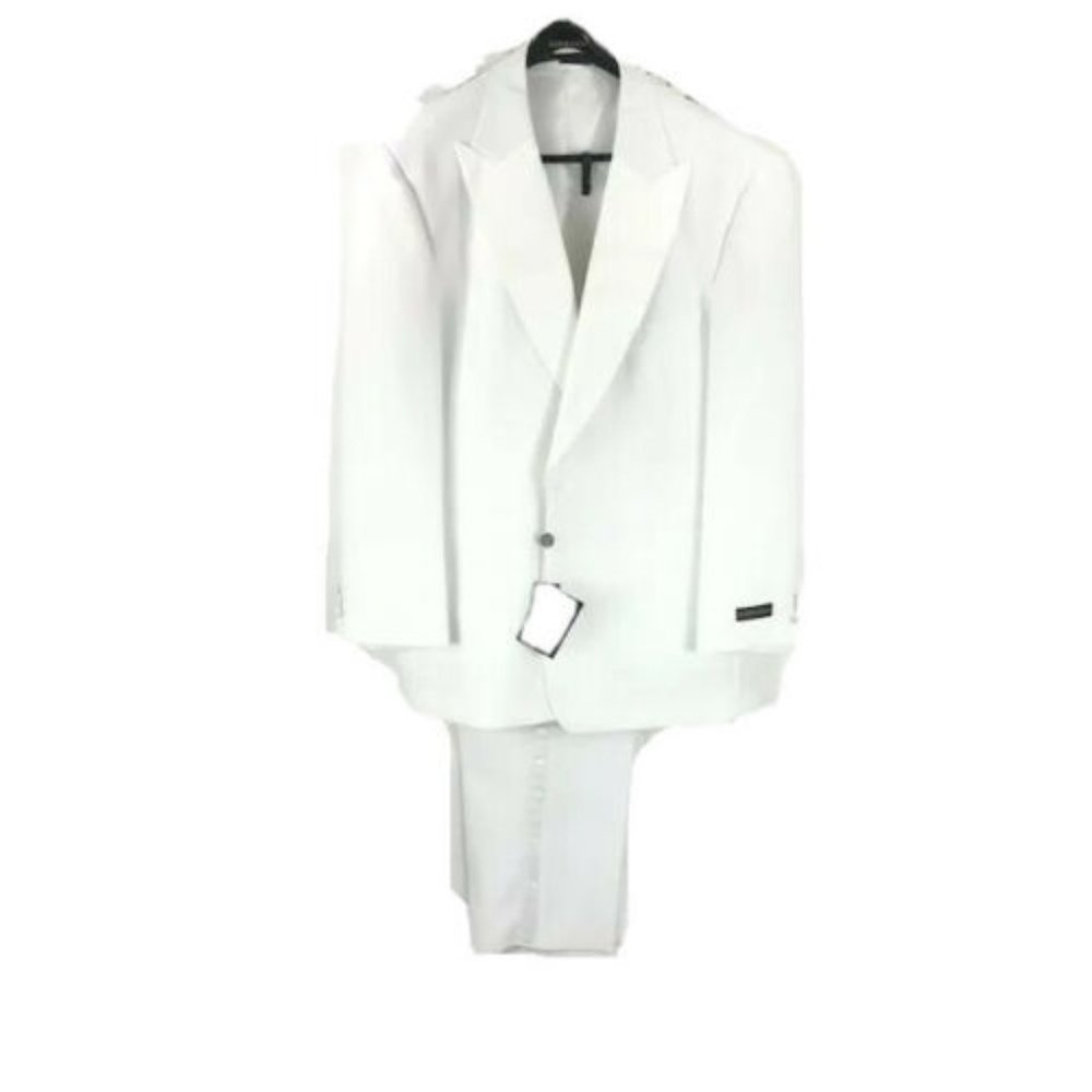 Soprano Men's White Tuxedo Suit 3 Piece Satin Trim Pleated Front Pants Size 50R